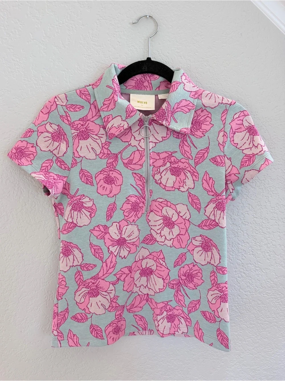Maeve by Anthropologie Floral Jacquard Zip-Up Polo Top | Pink & Mint | Size S - Picture 2 of 9